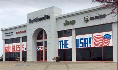 Feb 24, 2024 · Bartlesville Chrysler Dodge Jeep service department Chrysler, Dodge, FIAT, Jeep, Ram and Wagoneer special offers and coupons. ... 3250 SE Washington Blvd Bartlesville OK 74006 • Close. Hours . Open Today! Sales: 8:30 am - 8pm. Service: 7am - 6pm. Parts: 7am - 6pm. All Hours. Sales: 918-338-6437.
